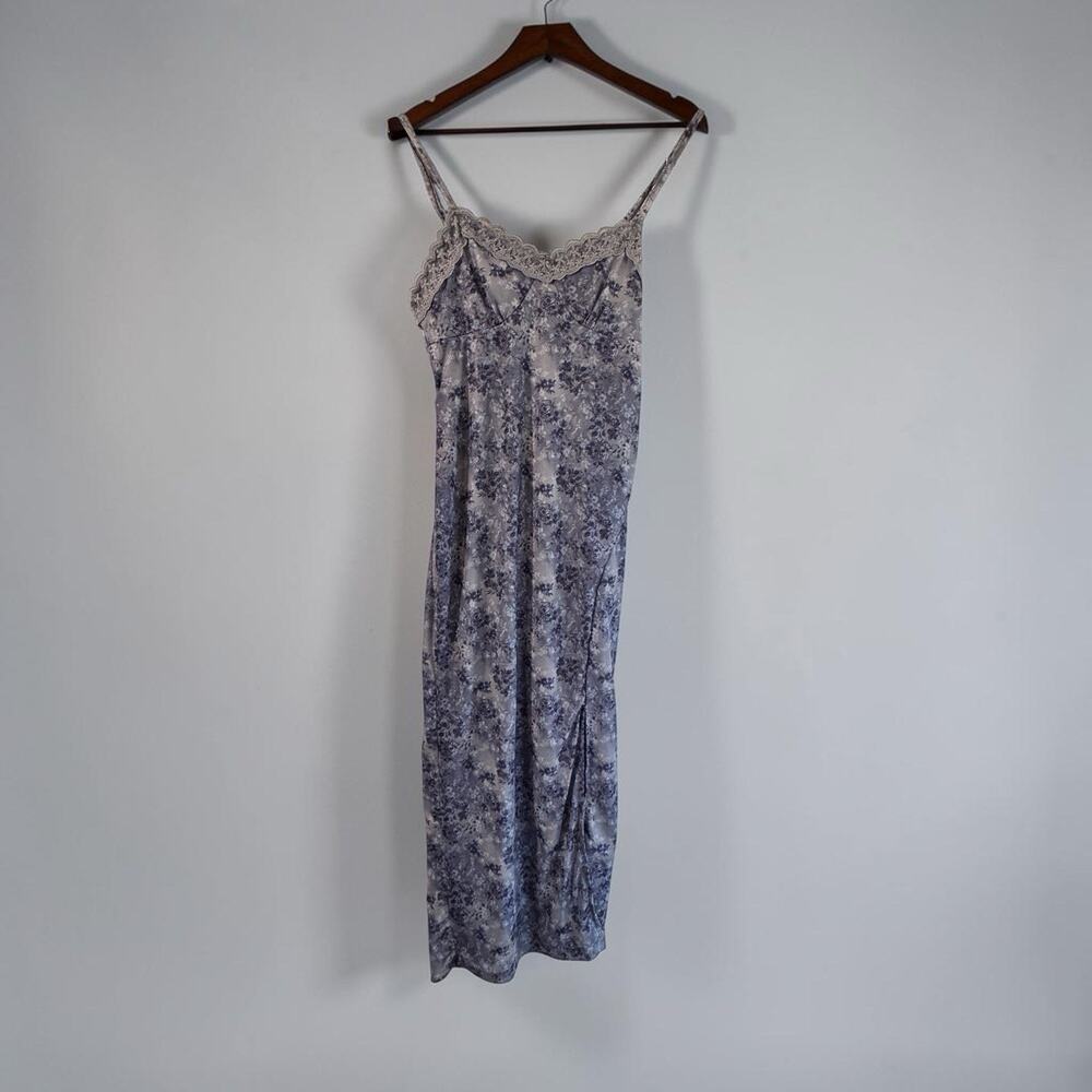 No Boundaries Y2K Slip Dress Women’s Sm Blue Floral Mesh Lace Trim Midi Coquette